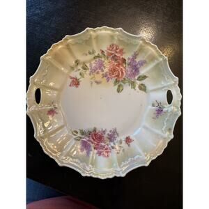 Germany Porcelain Iridescent 2 Handle Cake Serving Plate Hand Painted Flowers